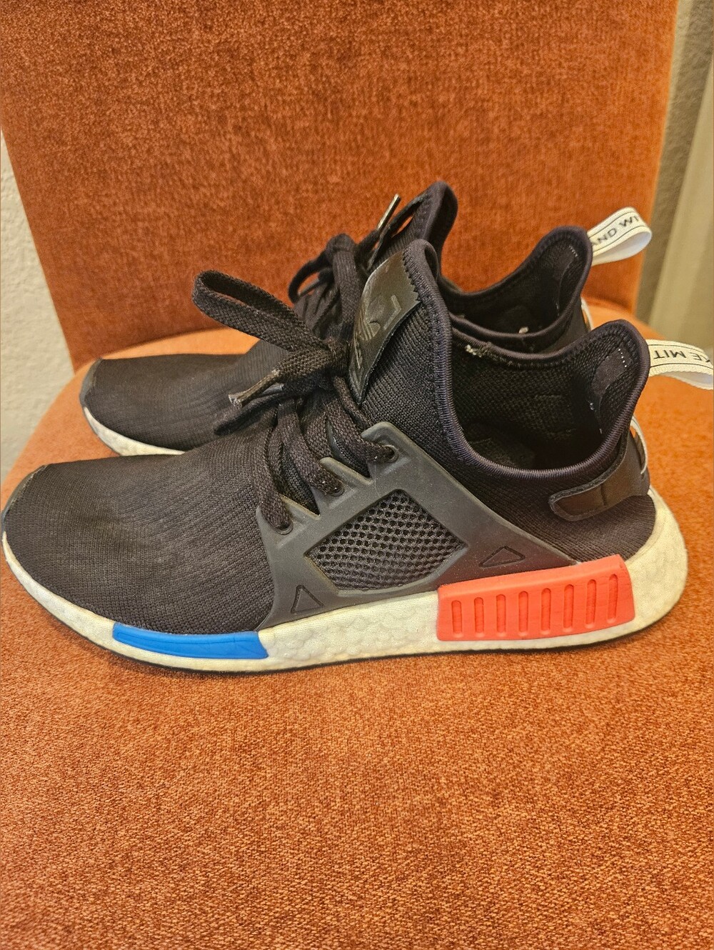 Mens Black Athletic Sneakers with Blue and Red Accents